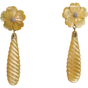 14K PJS Yellow Mother of Pearl Flower Drop Earrings 5/8 in. x 2 in.