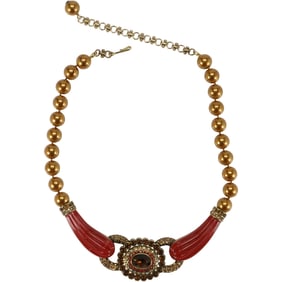 Heidi Daus Golden Beads Red Necklace with Amber / Red Rhinestones 21 in. x 2 1/2 in.