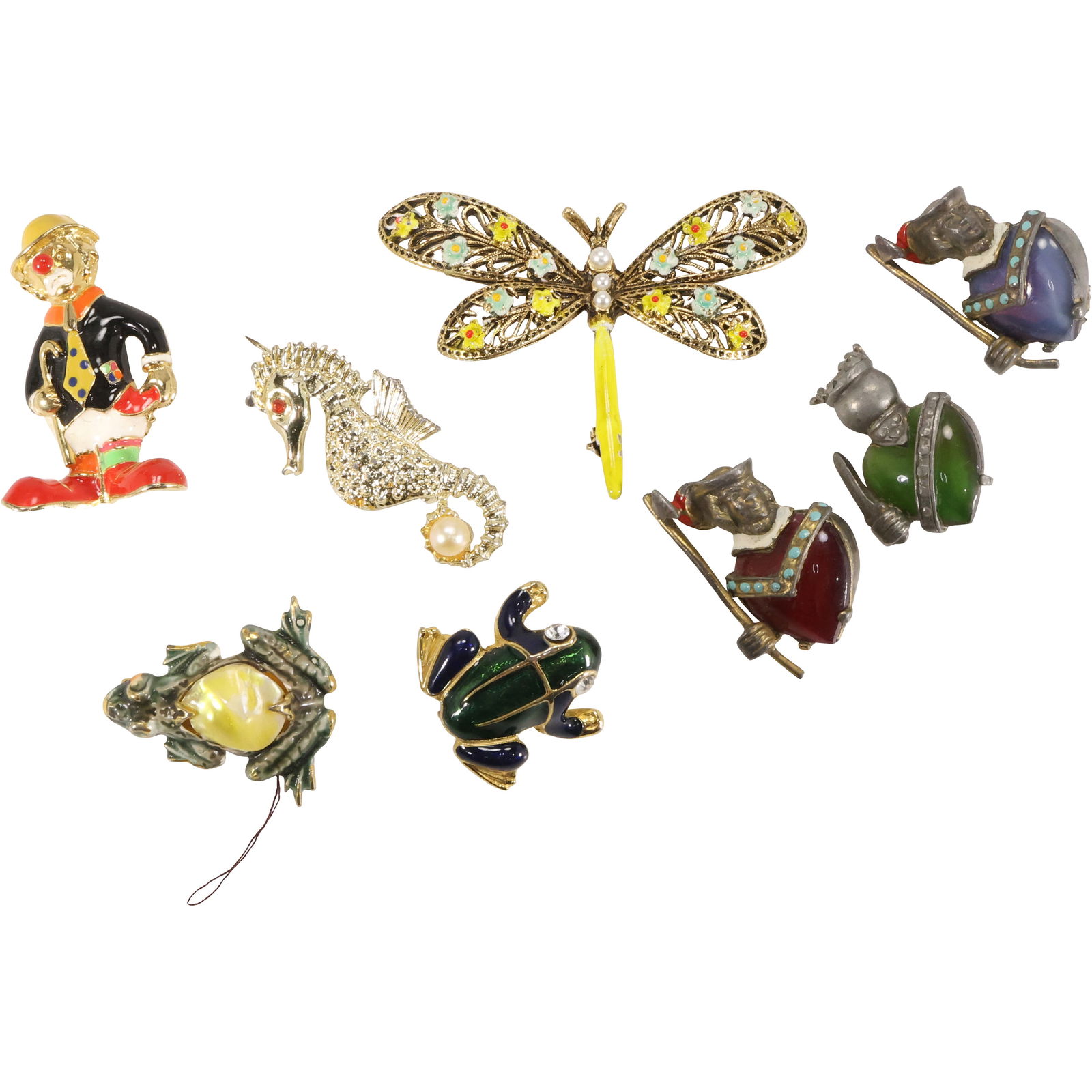 8 Pins: 3 Muskateer Pins; 2 Enameled Frog Pins; Clown Enameled; Dragonfly Enameled, Seahorse (1 of 20)