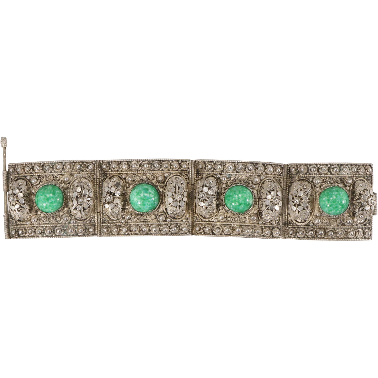 Jerusalem Sterling Silver 62.4 grams 4-Panel Bracelet with Green Stones, Pin Hindge 6.75 in. (1 of 16)