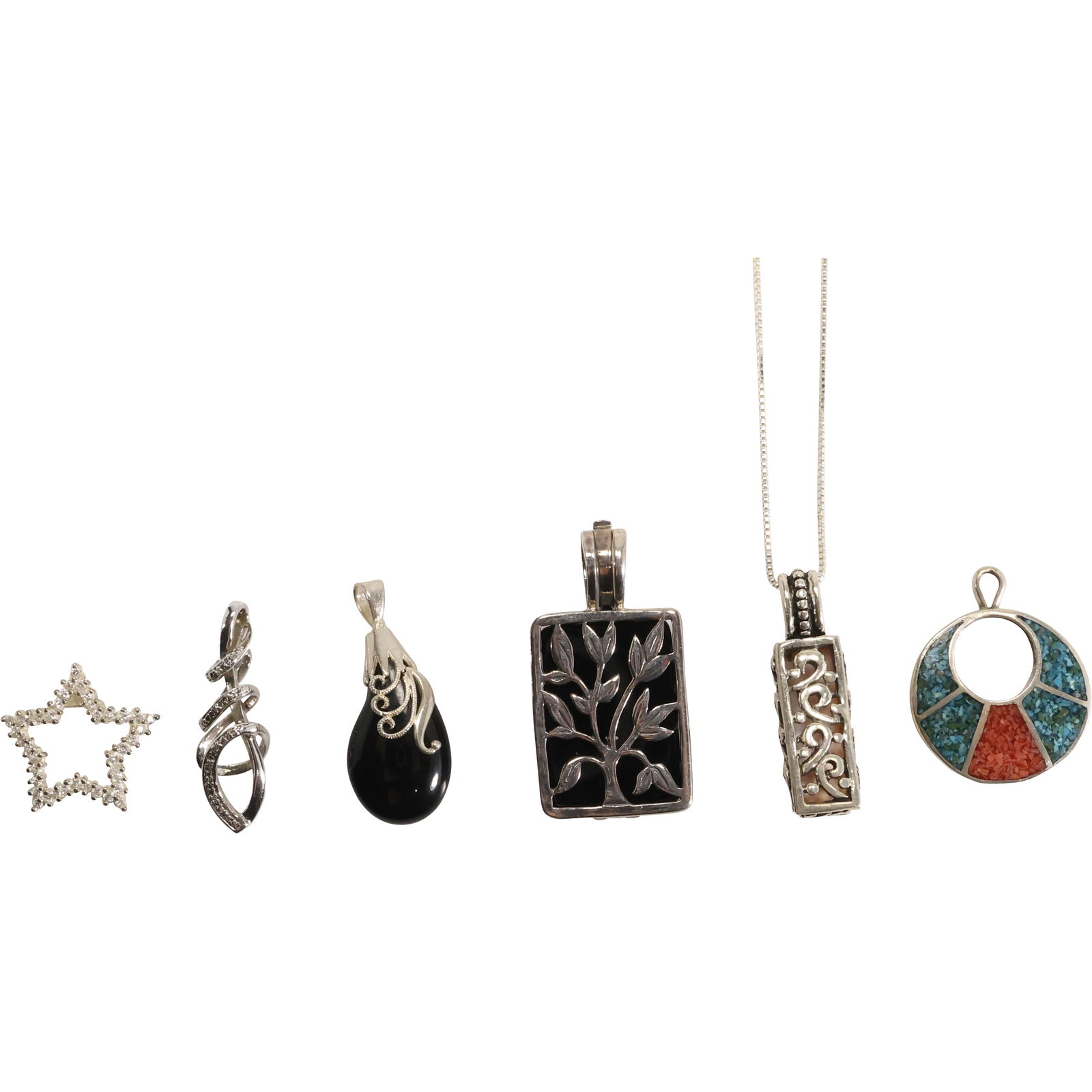 3 Assorted Sterling Silver LIVE LOVE LAUGH Black Onyx Pendant; .925 CZ Star Pendant;: 3 Assorted Sterling Silver LIVE LOVE LAUGH Black Onyx Pendant 1 3/4 in. x 7/8 in.; .925 CZ Star Pendant 7/8 in.; .925 Black Onyx 1 1/2 in. x 1/2 in.; .925 CZ Twist Pendant 1 1/4 in. x 1/2 in. ; Sterli