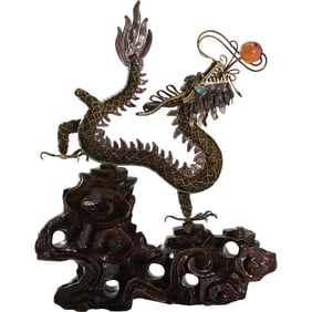 Chinese Silver Filigree Enameled Dragon Sculpture 6.5 in. height x 5.5 in. wide