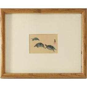 Vintage Japanese Woodblock Print Ogata Korin c. 1930 Three Turtles, Framed
