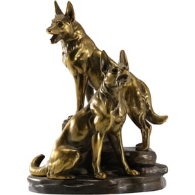 after Louis-Albert Carvin (París, 1875-1951) Cast Metal German Shepard Guard Dogs Sculpture