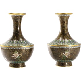 Pair Fine Quality Cloisonne Vases with Intricate Pattern 10.5 in. height x 8 in. wide