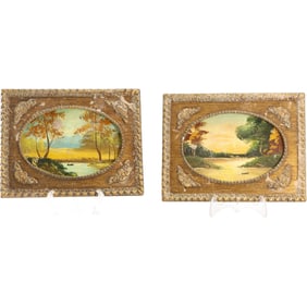 Signed Sarts, 2 Oval River Landscape Oil Paintings in Matching Wood Frames, Vintage