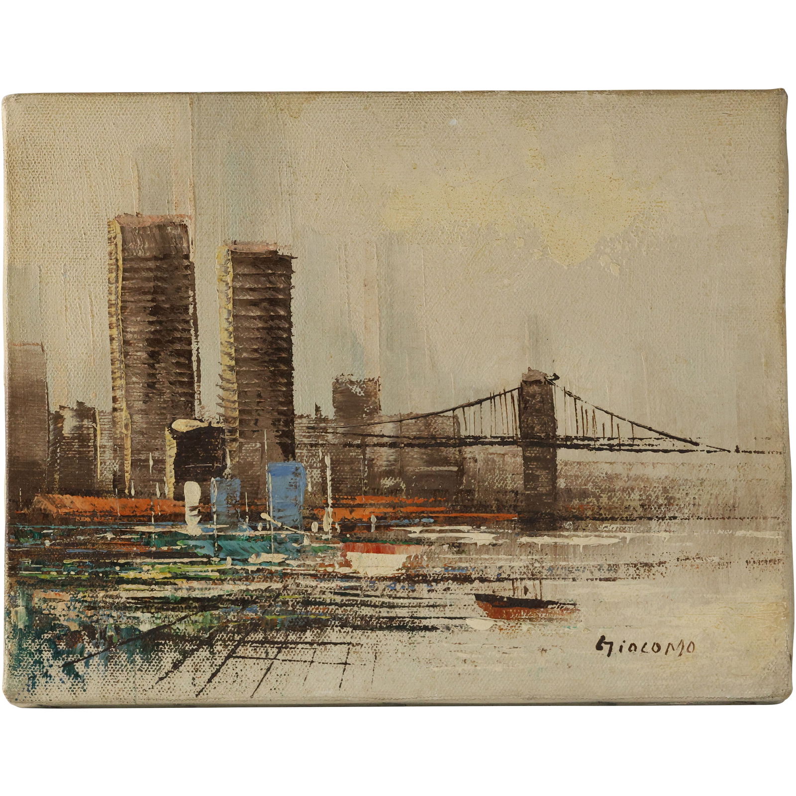Impressionist-style oil painting of the Brooklyn Bridge and the New York City skyline, Artist Signed (1 of 19)