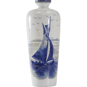 Tall White Bristol Glass Vase with Blue Sailboat 13 inches height x 6 in. wide