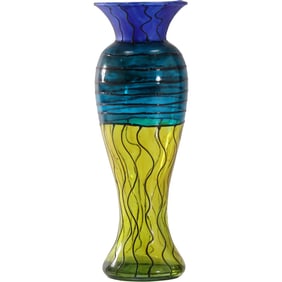 Fabulous 3-Color Art Glass Vase Green Blue & Yellow with Black Veins Decoration 9 in. height