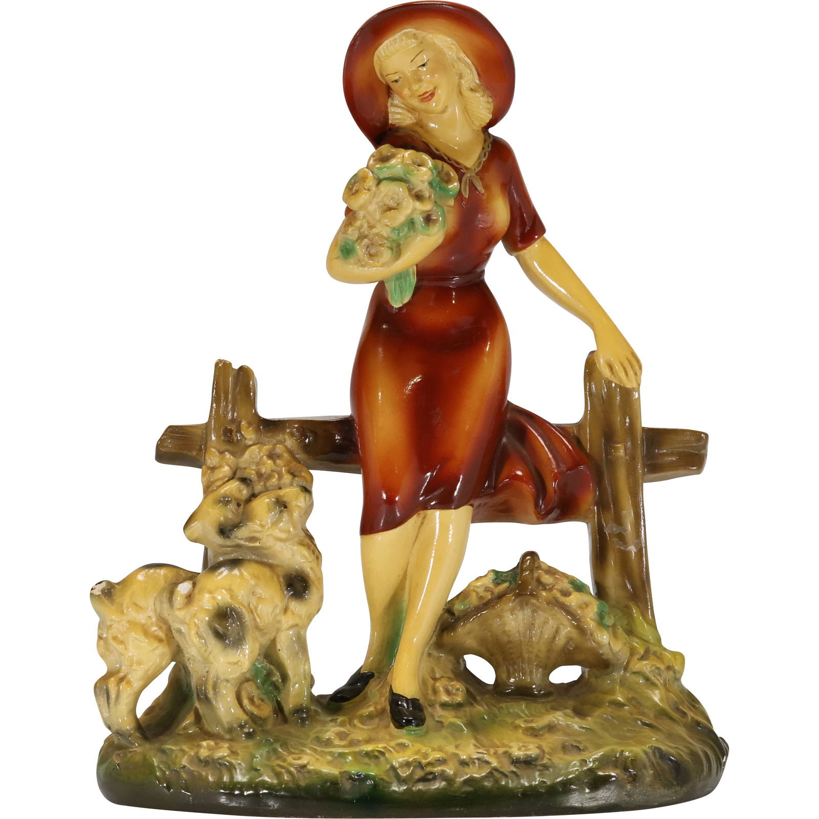 1940s Chalkware Statue Fashion Woman Wearing Hat Standing Next to Fence 12.5 in. height (1 of 20)