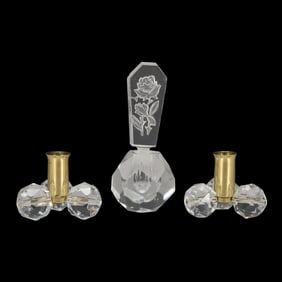 I. W. Rice Handcut Crystal Etched Rose Perfume Bottle and Pair JL Lobmeyer Crystal Candlesticks