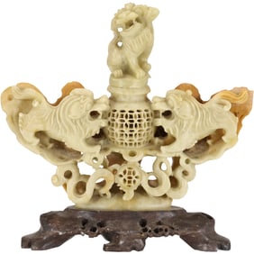 Vintage Chinese Soapstone Incense Burner with Buddhist Temple Lions on Sides and Top, 7 in. x 7 in.