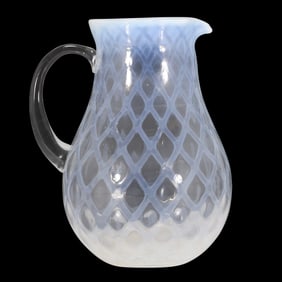 Clear And White Opalescent Fade Diamond Pattern Elegant Glass Water Pitcher 9.5 in. height