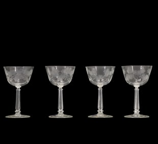 Set 4 LIBBEY Crystal Glass Etched Stemware with Flowers, Original Label