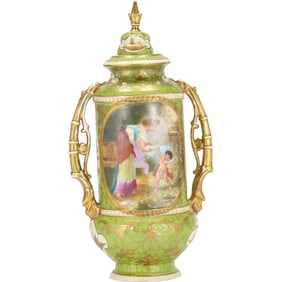 Royal Vienna Austria Handled Porcelain Urn with Cover Hand Painted Panel Maiden and Cupid
