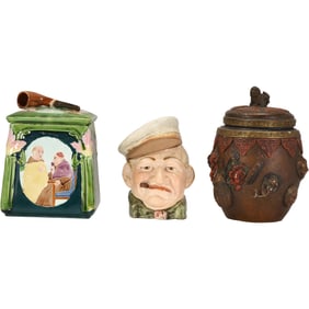 3 Assorted Vintage Tobacco Jars in Majolica and Porcelain Ceramic - See Pictures