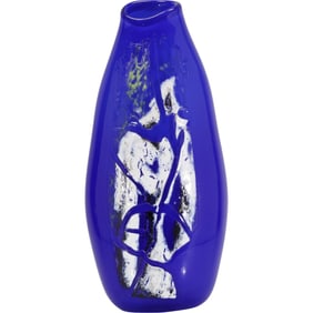 Large Blue Studio Art Glass Vase with White Abstract Design, 15 inches height x 8 in. wide