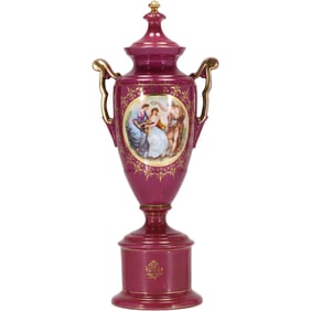 RW Rudolstadt Fine Porcelain Covered Urn with Scenic Panel Courting Scene 15 in. height x 7 in. wide