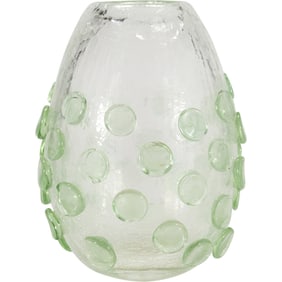 Unusual Light Green Glass Vase with Circle Discs All Around 8 in. height x 6 in. wide, Mid-Century