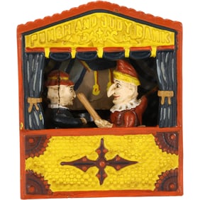 Novelty Cast Iron "Punch and Judy" Mechanical Bank in Original Paint Finish 7.5 in. x 7 in.