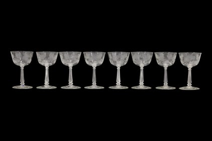 Set 8 LIBBEY Crystal Glass Etched Stemmed Sherbets with Labels, 5 in. height