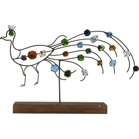 GLASS JEWELS AND METAL FIGURAL PEACOCK SCULPTURE. WOOD BASE 15 in. x 17 in.