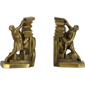 PM CRAFTSMAN Vintage Cast Mertal Bookends Library Struggle in Good Brass Patina