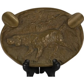 Antique Bronze Hunting Hounds Cigar Ashtray in Original Patina 7 in. length