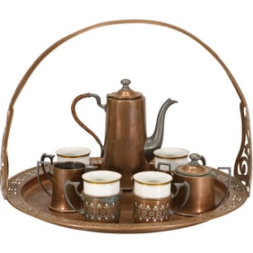 8 Piece Copper Arts and Crafts Tea Set with Handles Tray, Manning Bowman, Limooges France Inserts