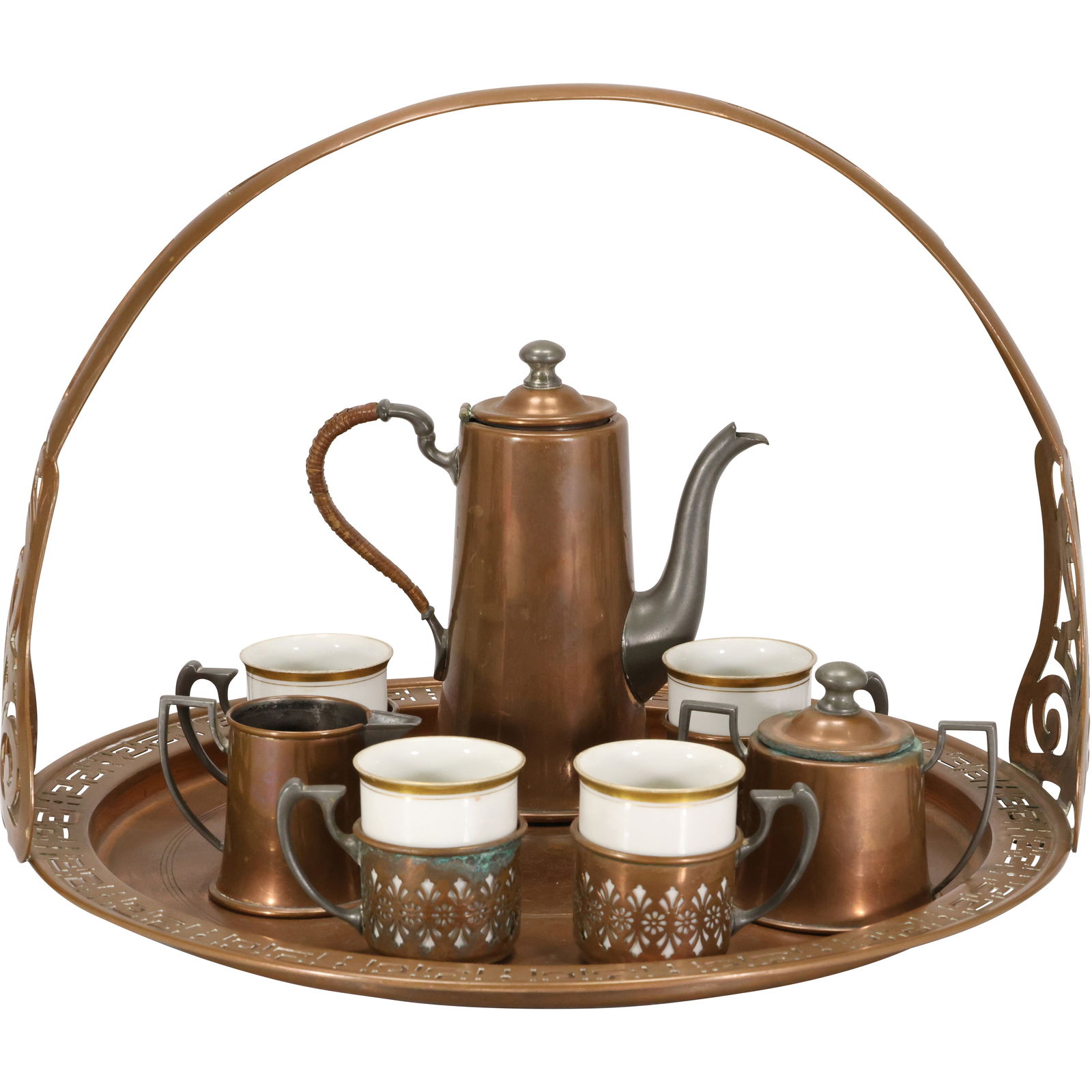 8 Piece Copper Arts and Crafts Tea Set with Handles Tray, Manning Bowman, Limooges France Inserts (1 of 20)