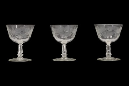 Set 3 Libbey Crystal Floral Etched Low Sherbet Stemmed Glasses / Cocktail Glasses with Label