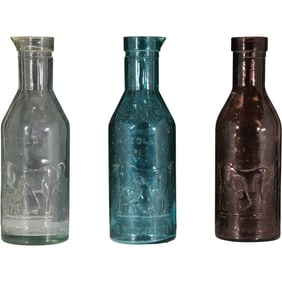 3 Multi Color Glass Novelty MILK BOTTLES 12 inches height x 4.5 in. wide
