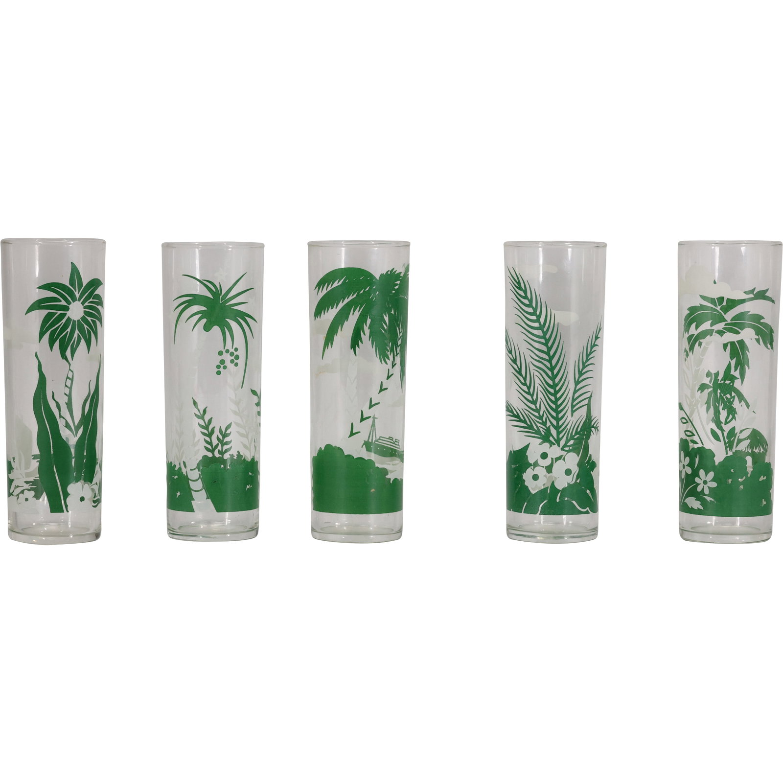 Set of 5 Mid Century Libbey Tropical Paradise Collins Glasses with Palm Trees: Set of 5 Mid Century Libbey Tropical Paradise Collins Glasses with Palm Trees. size: 7h x 3.5