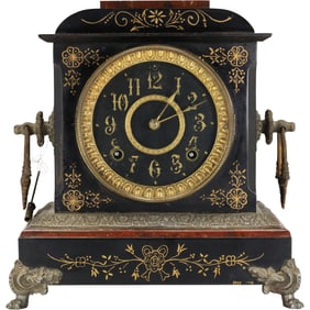 Pat'd 1882 ANSONIA CLOCK CO Victorian Aesthetic Movement Iron Case Mantle Clock 11.5 in.