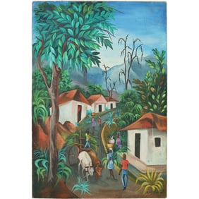 Signed B LaFontantant, Oil on Canvas Painting Haitian Rural Village Scene with Figures, Houses