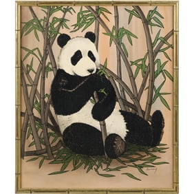 Signed Hansen, Oil on Canvas Painting PANDA BEAR with Faux Bamboo Gilt Frame