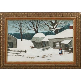After Daisy C Miller, Oil on Canvas Painting New England Farm in Winter by Bessie A Barnes 1958
