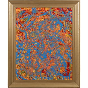 Thomas Pulgini, American, Oil on Board Painting Colorful Busy Abstract, Signed, Framed