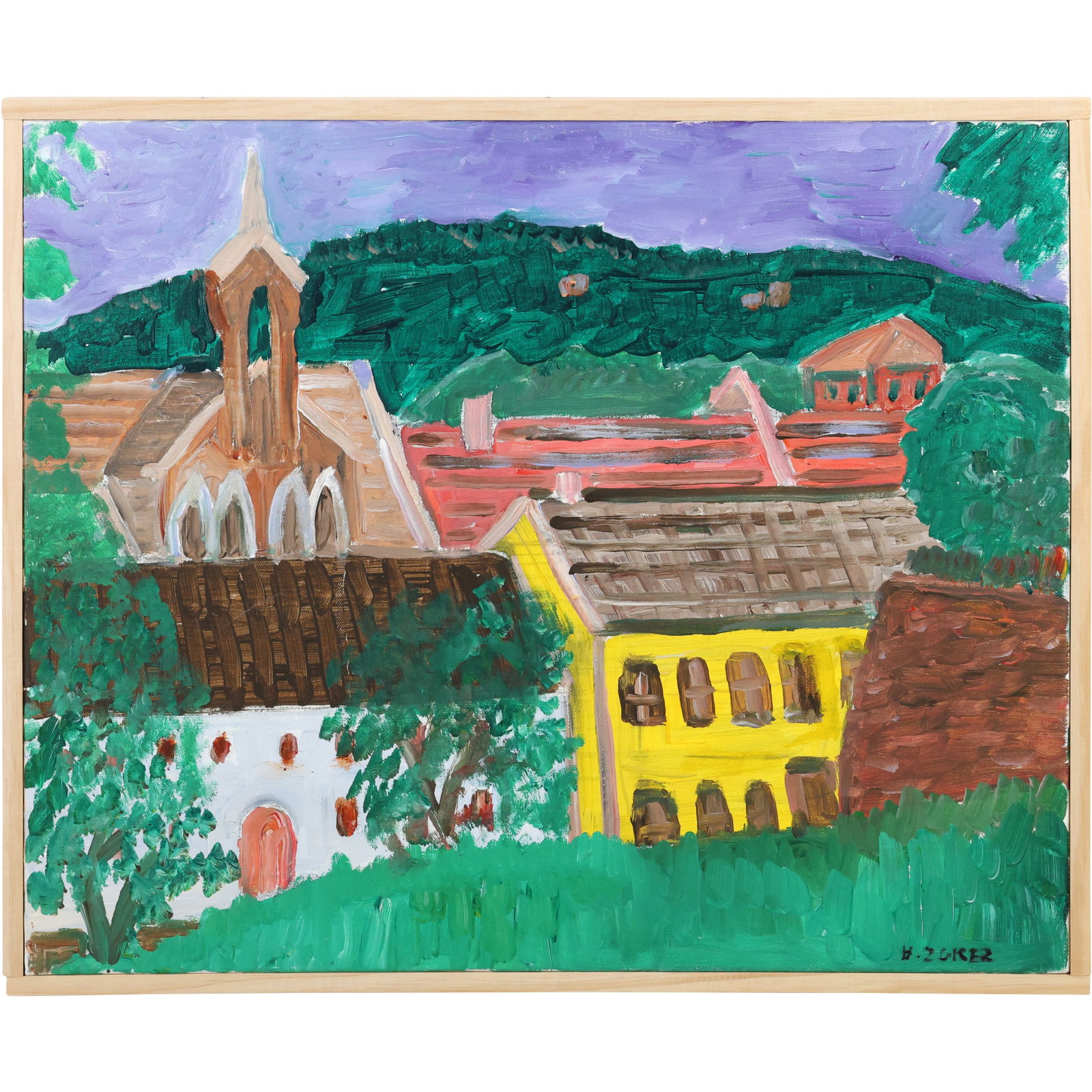 Herman Zuker, b. 1959, Polish / American "Alpine Village" Scrylic on Canvas Painting, Signed: Herman Zuker, b. 1959, Polish / American "Alpine Village" Scrylic on Canvas Painting, Signed. Circa 1995. size: 20 x 24 , outside of frame: 21 x 25