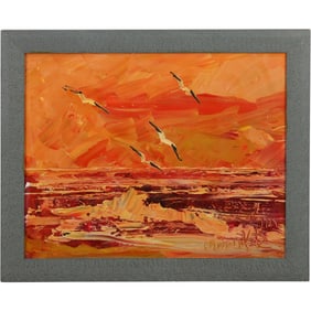 Morris Katz, Jewish American, Acrylic on Board Painting, Sunset Seascape with Seagulls