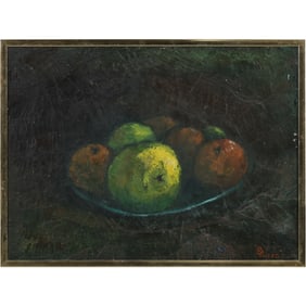 Signed B Rizzo, Vintage Oil on Canvas Painting Bowl of Apples Still Life, Framed