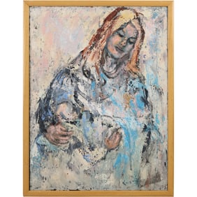 Sylvia Kagan 1968, Impressionist Oil on Canvas Painting, Mother Holding Infant