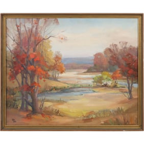 Olive F. (Ollie) Cole (1904 - 2000) American, Autumn Landscape Oil on Board Painting, Signed