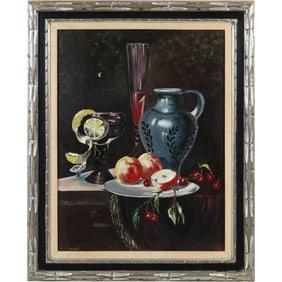 Signed Aida Simonelli, Oil on Canvas Painting Still Life Plate Apples, Wine Glass, Vase