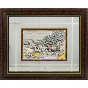 Framed Sterling Silver Embossed Plaque of a Fox Hunt, Horses, Hunting Dogs