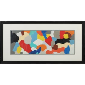 Colorful Abstract Oil on Board Painting, Framed