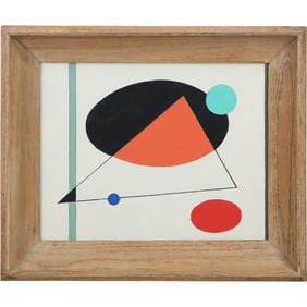 Modernism Design Triangle and Circle Abstract Oil on Board Painting, Unsigned, Framed