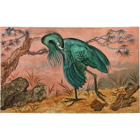 Signed Sagelliv, Oil on Canvas Illustration Painting Prehistoric Bird Crane in Natural Setting