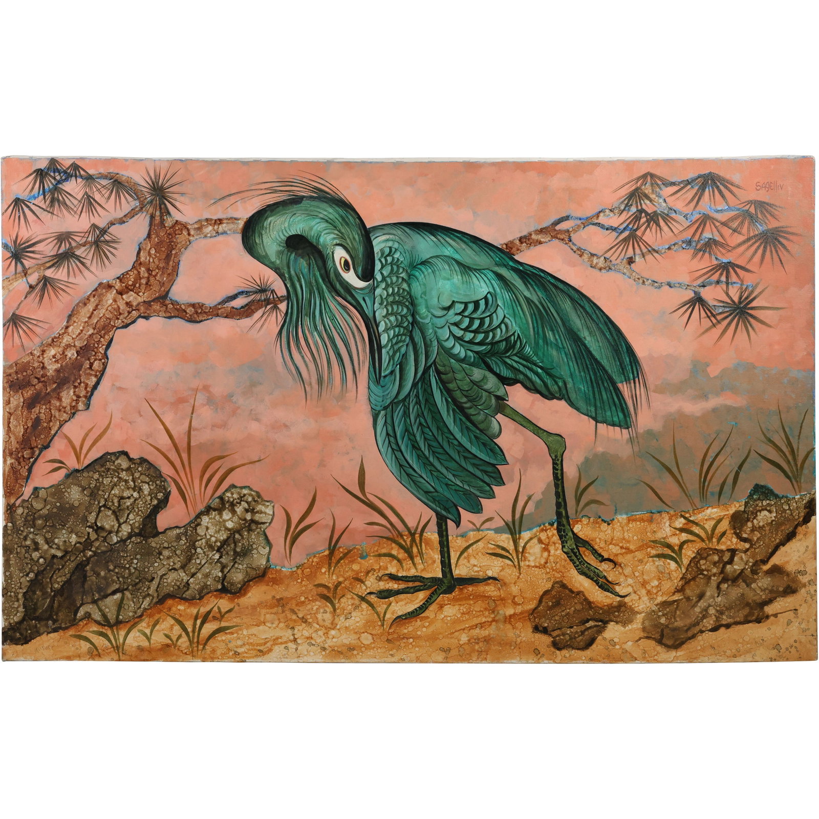 Signed Sagelliv, Oil on Canvas Illustration Painting Prehistoric Bird Crane in Natural Setting: Signed Sagelliv, Oil on Canvas Illustration Painting Prehistoric Bird Crane in Natural Setting. size: 30 x 48