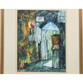 Marie Berger, Watercolor Painting, Abstraction Interior Scene, Signed, Framed